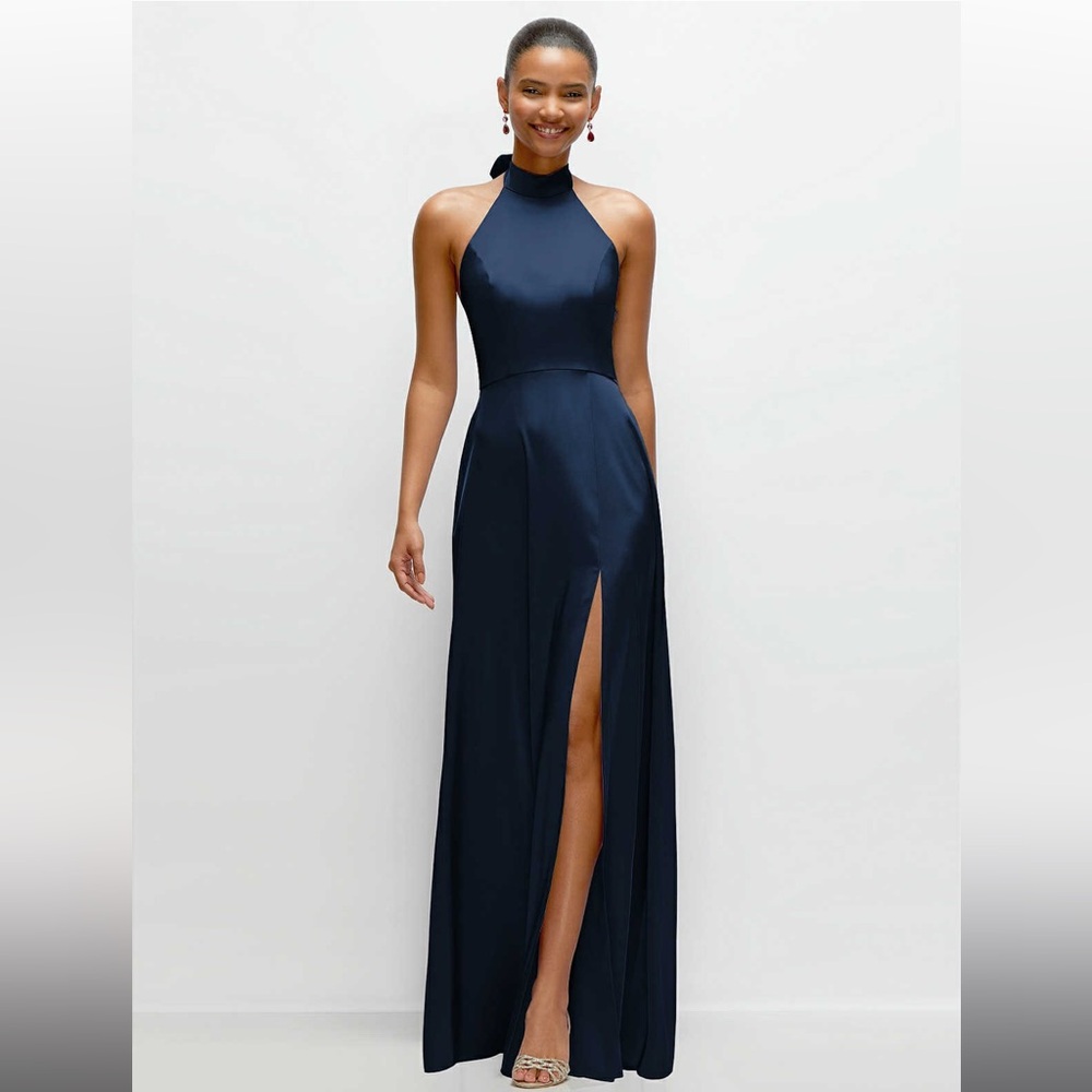 DESSY GROUP - BAND COLLAR HALTER OPEN BACK FLUID SATIN MAXI DRESS. MIDNIGHT NAVY